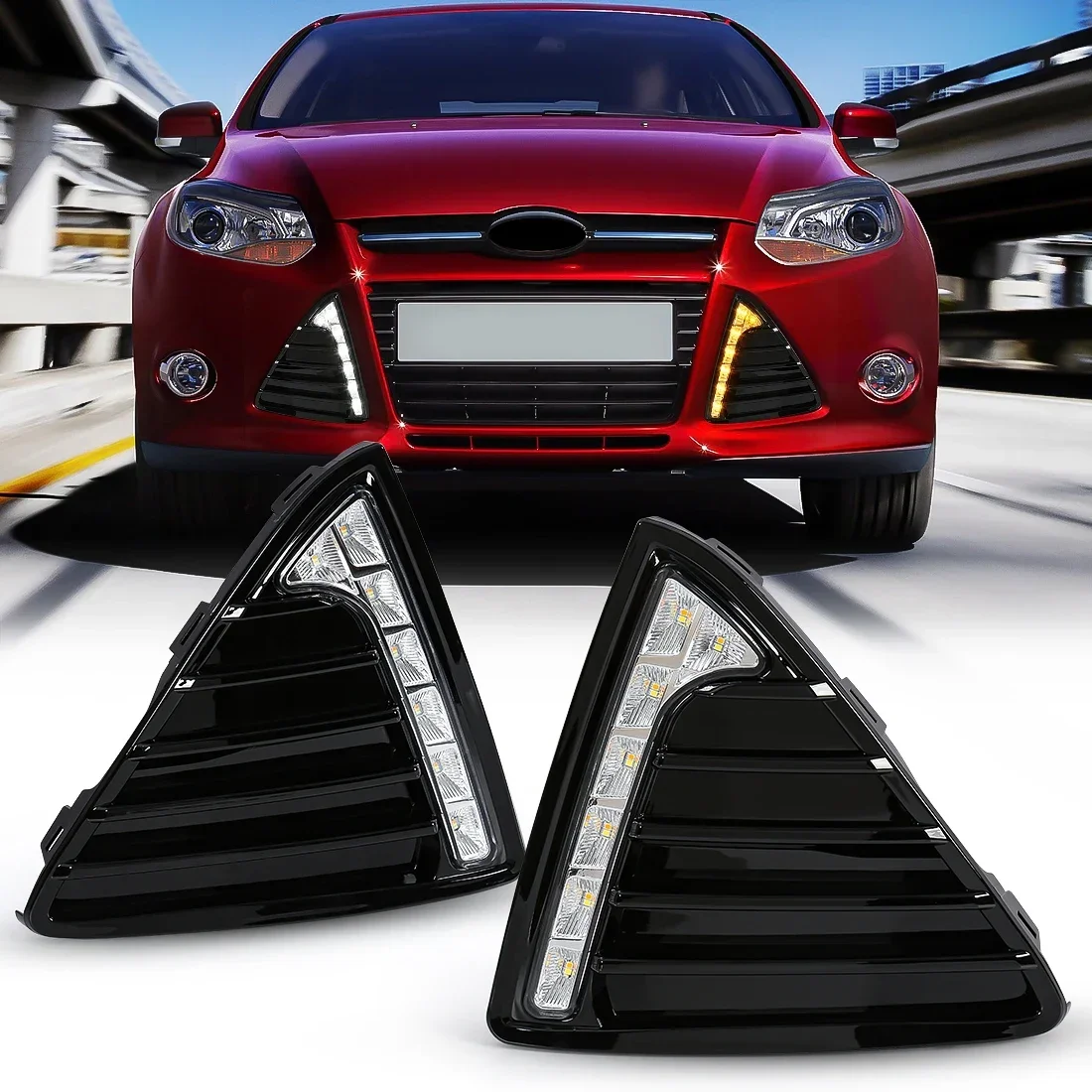 

Светодиодные DRL дневные ходовые огни для Ford Focus 2012 2013 2014, динамический указатель поворота, противотуманные фары, авто белый, желтый, синий, автомобильные аксессуары