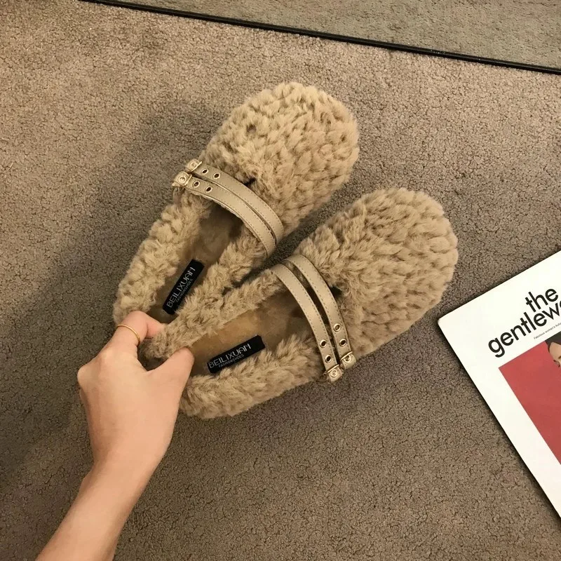 Designer Warm Cotton Women Flats Shoes Women Ballet Laofer Shallow Slip on Ladies Fur Mary Jane Shoes Soft Outdoor Granny Shoes - view 4