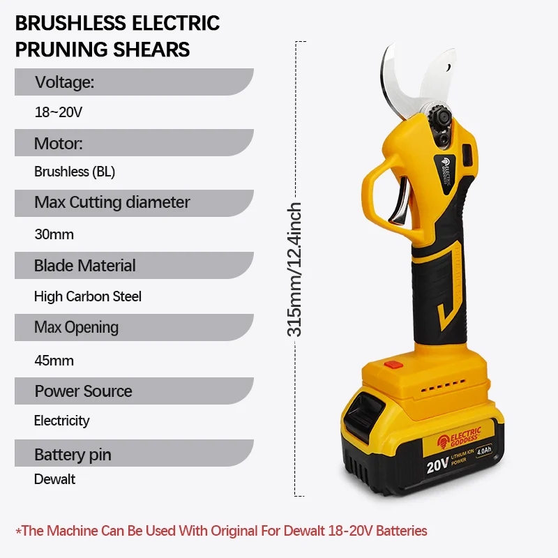 Electric Goddess 30mm Brushless Electric Pruning Shears Fruit Tree Shears Garden Pruning Tools For Dewalt 18V Battery