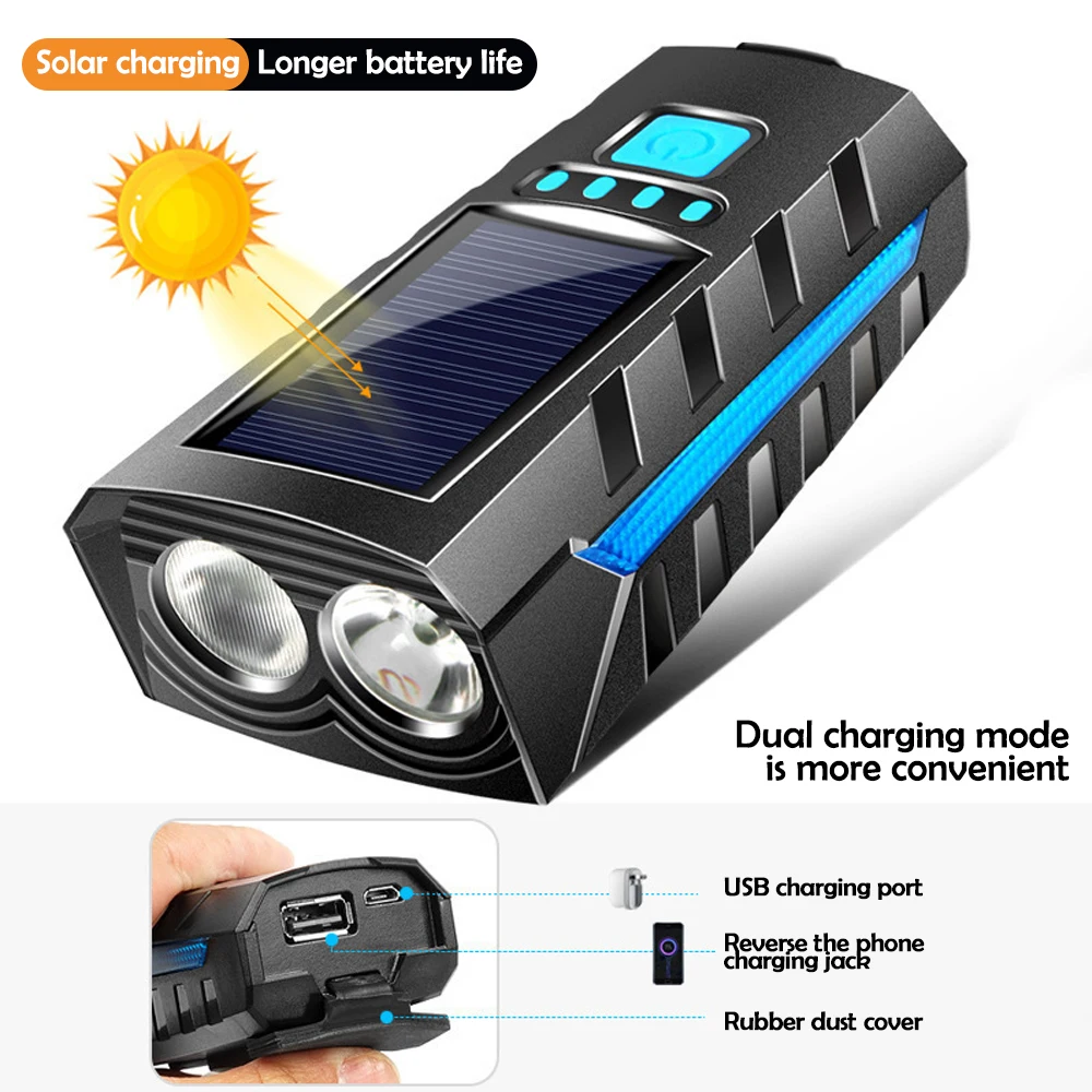 경적 130DB 경적 태양 충전 초경량 자전거 헤드 라이트 MTB 도로 자전거 전면 램프 손전등 자전거 라이트와 자전거 헤드 라이트