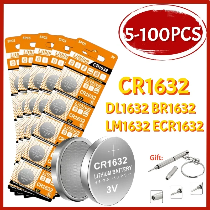 

5-100PCS CR1632 Button cell Batteries LM1632 BR1632 ECR1632 3V Lithium Battery CR 1632 for Car Remote Control Electric Alarm