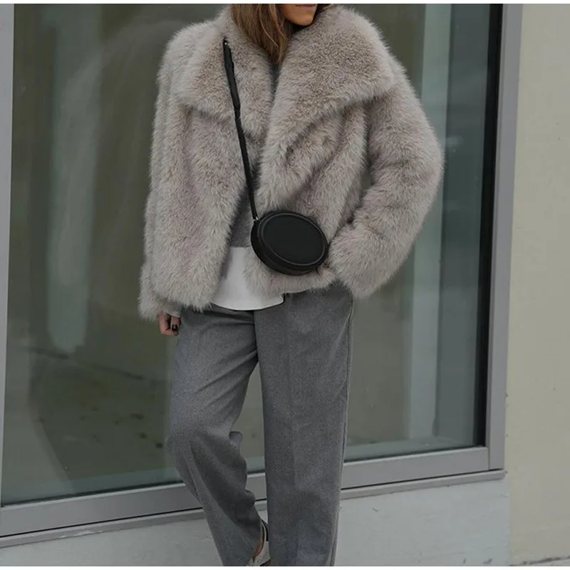 2024 Women Fashion Cropped Faux Fur Jacket Coat Long Sleeve Front Snap-button Female Outerwear Chic Lapel Collar Thick Coat