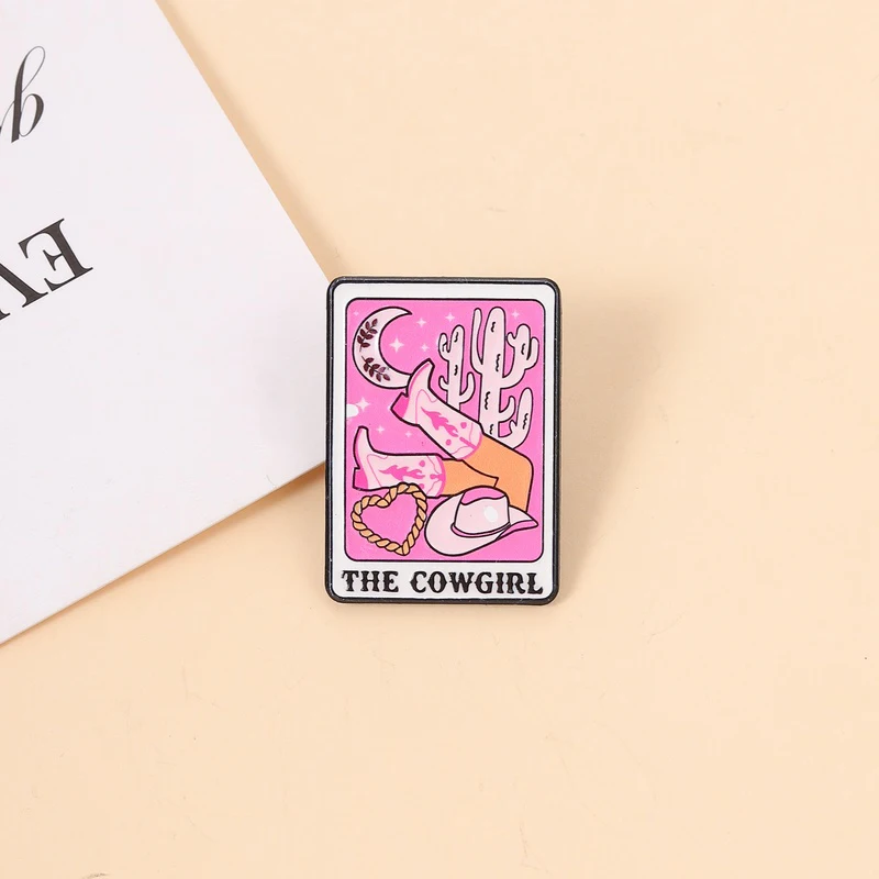 The Cowgirl Tarot Cards Enamel Pin Vintage Trendy Pink Boots Cactus Moon Cowgirl Hat Brooch Backpck Clothes Badge Jewelry Gifts