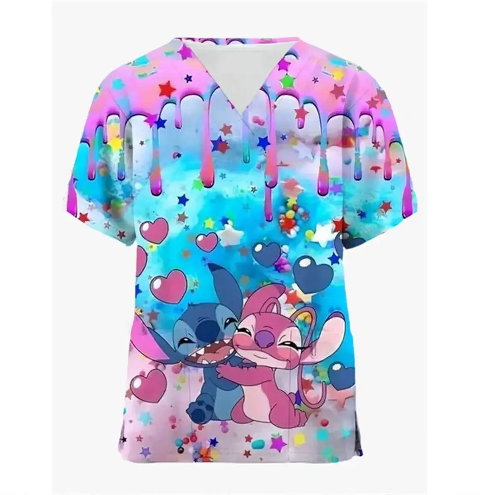 V Neck Clothing Y2k Pocket Lilo & Stitch Hospital Disney New Summer Nurse Uniform T-shirt Woman T-shirts Uniform Pocket Neck Y2k