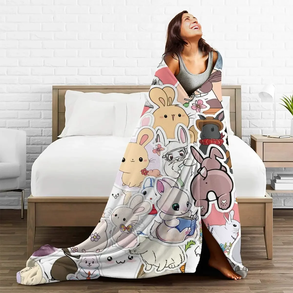 Cute Animal Rabbit Blankets Coral Fleece Plush Decoration Cartoon Mammal Ultra-Soft Throw Blanket for Home Outdoor Bedding Throw