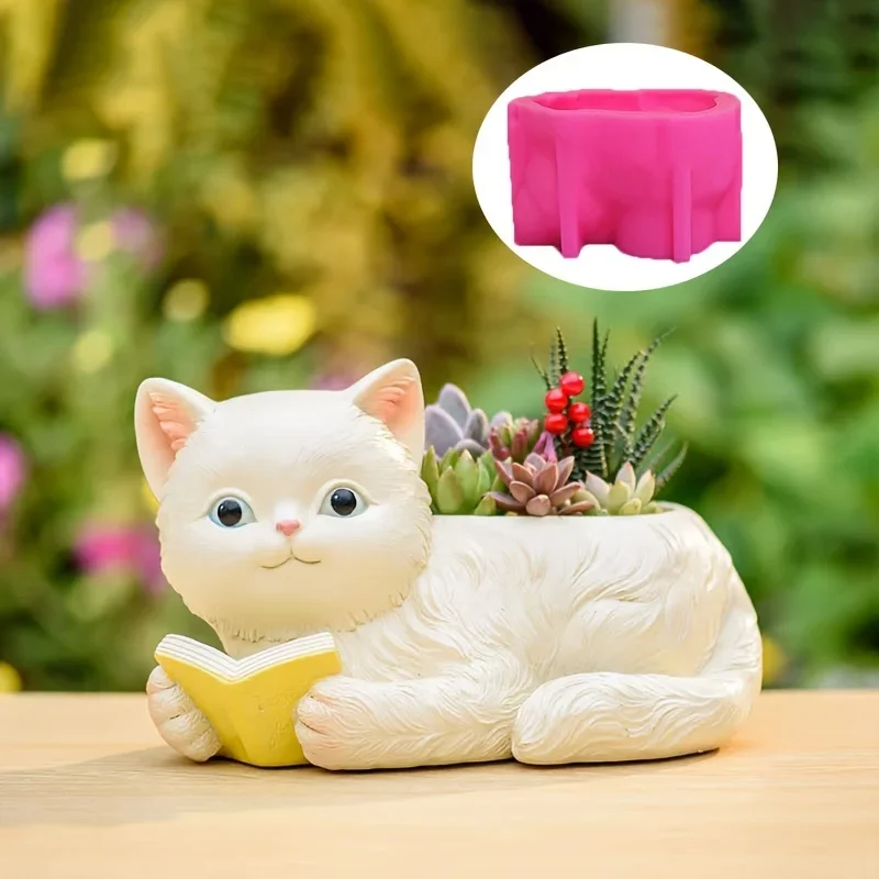 Bookholder Cat Succulent Plant Flower Pot Resin Silicone Mold Cute Cat Storage Box Concrete Mould Cat Candle Cup Gypsum Molds