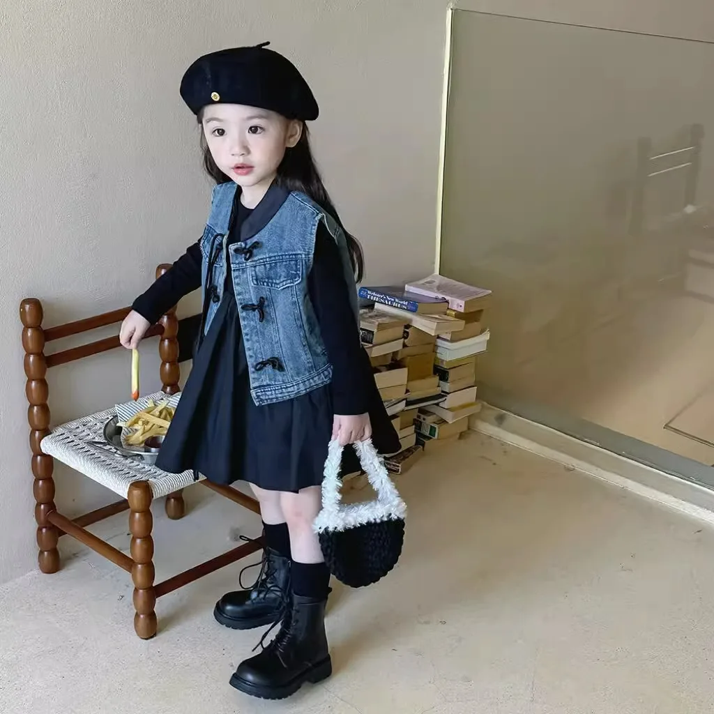 Spring 2024 Children Girl 2PCS Clothes Set Korean Solid Long Sleeve Dress Chinese Button Denim Vest Baby Girl Outfit Belle Suits