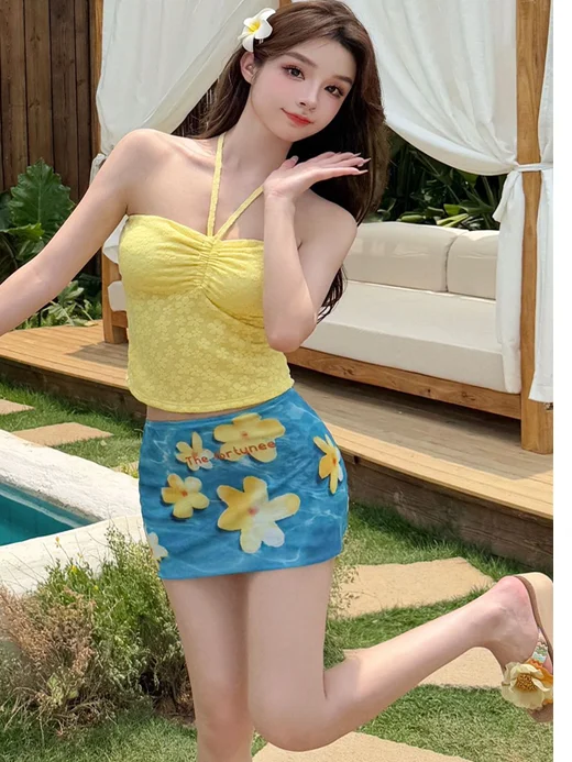 

Sexy Tee-piece Bikini Swimwear Women's Skirt Sle Beach Faion Small Chest Gathered Korean Version Ins Sle Beachwear
