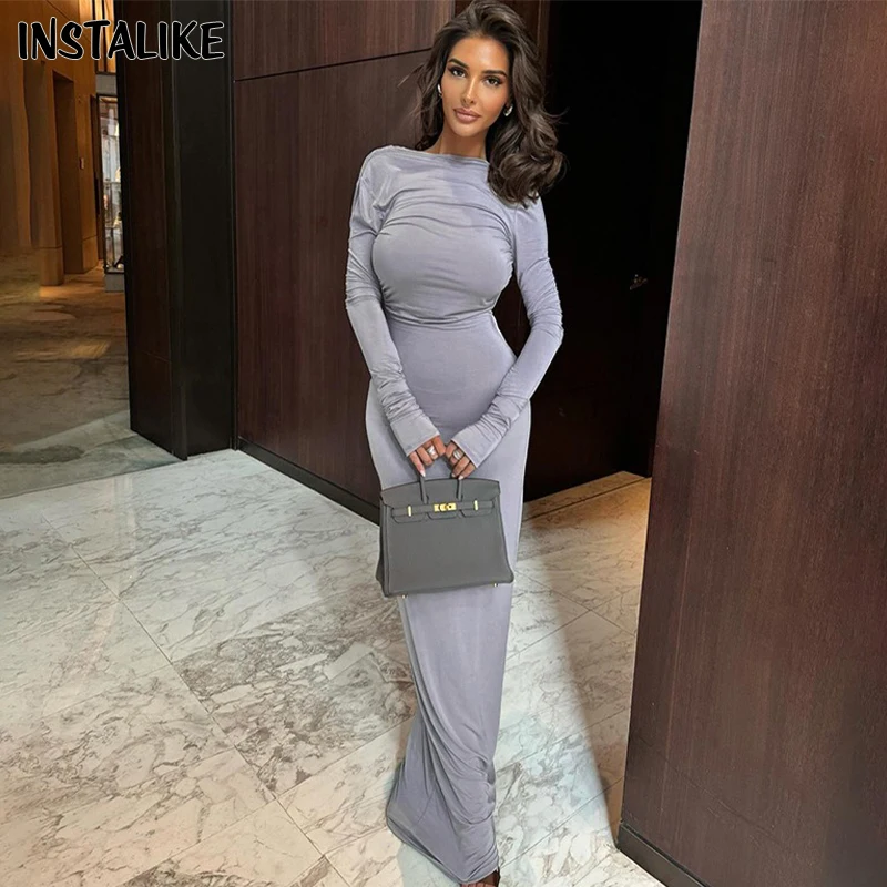 

InstaLike Sexy O Neck Folds Elegant Office Lady Party Dress Bodycon Women Shoulder Pads Long Sleeve Sheath Clubwear Floor Dress