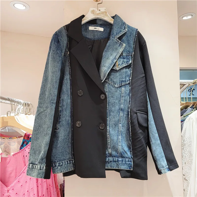 

SuperAen Vintage Patchwork Denim Coats Women's Spring and Autumn New Fashion Asymmetrical Design High Street Notched Jackets