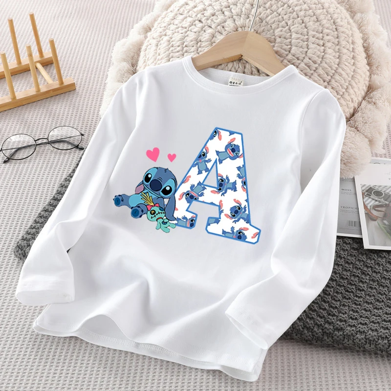 Disney Stitch Kids Long Sleeve T-Shirt Girls Cartoon 26 Letter Printed Cotton Top Cute Kawaii Winter Casual Warm Pullover Gifts