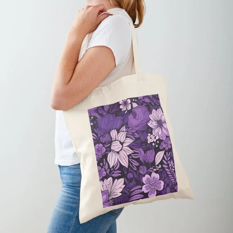 Flowers Black and Purple Pattern Tote Bag Portable shopping bag cute tote bag custom fabric