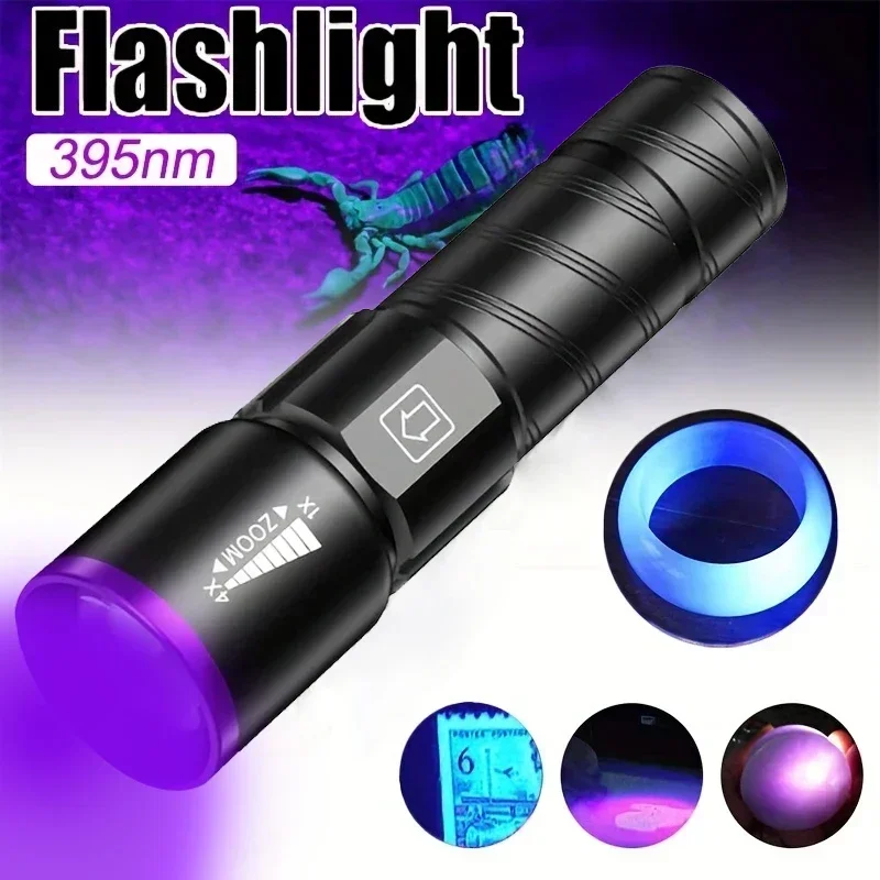 UV Flashlight LED Ultraviolet Torch Zoomable Mini Ultra Violet Lights 395/365nm Inspection Lamp Pet Urine Stain Detector Tools