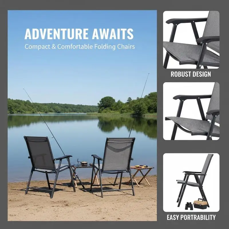 Folding chair with armrests, set of 2, camping chair, fishing chair, metal, grey, 58 x 64 x 94 cm