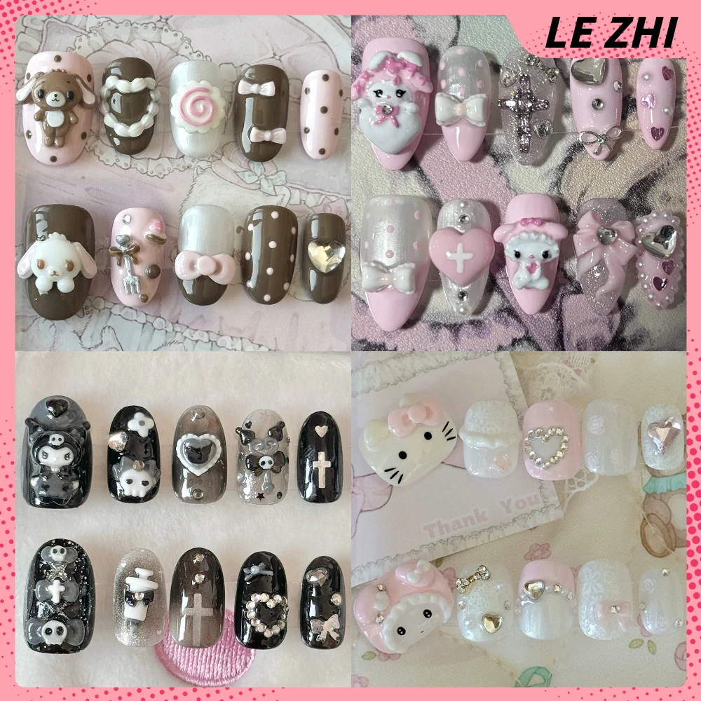 

Sanrio Hello Kitty Kuromi My Melody Handmade Almonds Press On Nails Cut Rilakkuma Bowknot Pearl Diamond Wings Nail Party Sticker