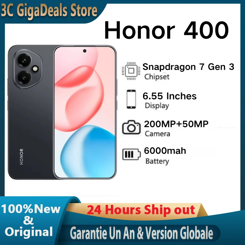كاميرا Honor 400-Snapdragon 7 Gen 3، AMOLED 120 هرتز، 6000 مللي أمبير، 200 ميجابكسل + 50 ميجابكسل AI Super، هاتف ذكي 6.55 بوصة