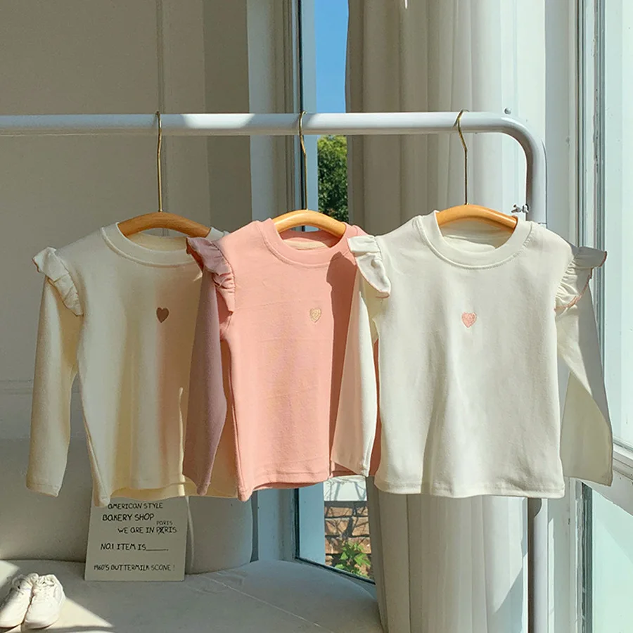 

2025 Autumn and Winter Girls Tees Top Lotus Sleeve Solid Colour Heart Long Sleeve T-Shirt Women Baby Cute Bottom Shirt Pajamas