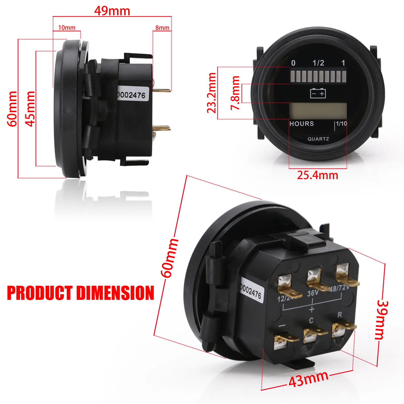 Digital Lcd Hour Meter with led battery indicator Gauge 12/24/36/48/72V Identify Voltage Automatically Delay Display