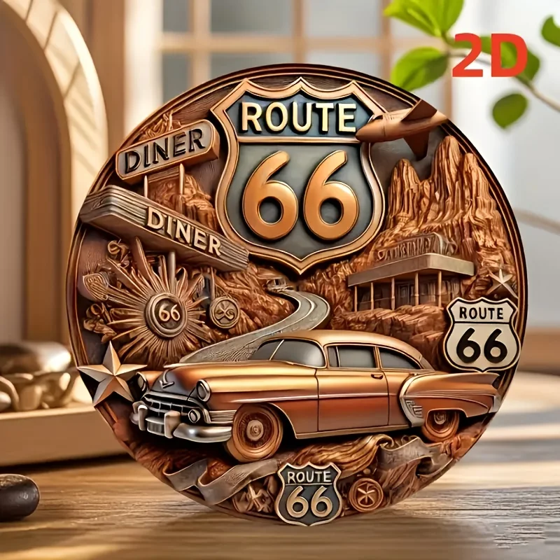 2D Flach - 1 Stück Vintage Route 66 Metall-Wandkunst-Schild - Rustikale Dekoration mit Klassischem Auto & Wüstenlandschaft-Design, Hängedekoration