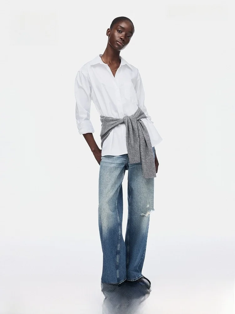 

H&M Новая летняя женская свободная рубашка в повседневном стиле, хлопковая, с длинным рукавом, на пуговицах, с карманами, оверсайз, модная женская блузка премиум-класса
