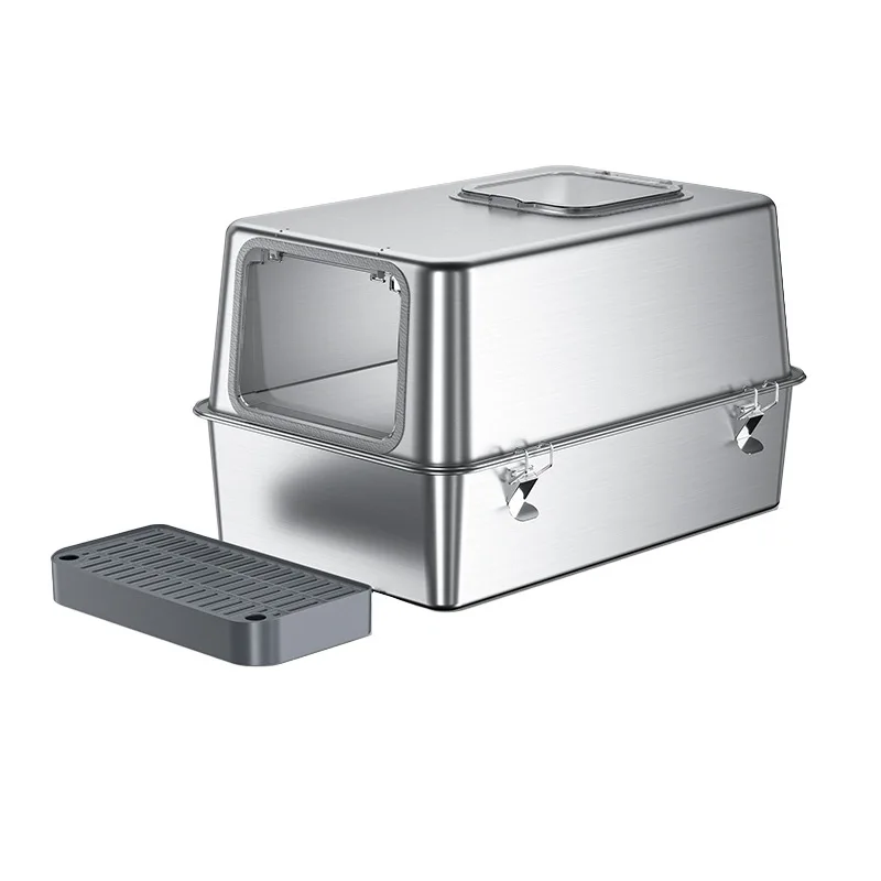 

Stainless Steel Bedpan Box with Lid Metal Cat Bedpan Boxes Enclosed Kitty Bedpan Box High Wall Cat Toilet with Pedal Non-Sticky