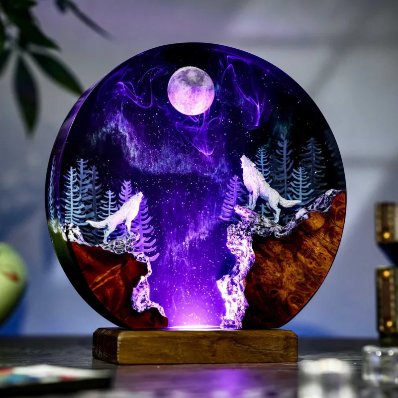 Resin LED Night Lamp Table Bedroom Galaxy Snow Wolf Figurine Color Changing Romantic Christmas Gift Home Decor