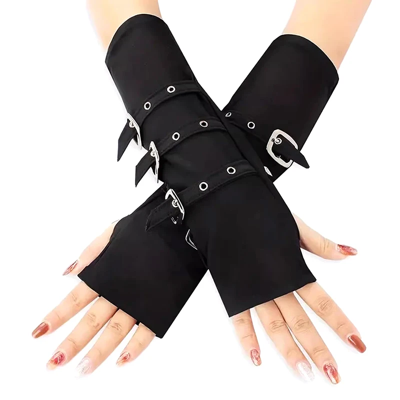 Guantes sin dedos estilo Punk con hebilla para mujer, mangas de baile callejero puesta en escena de Hip Hop, ropa de calle personalizable Y2K
