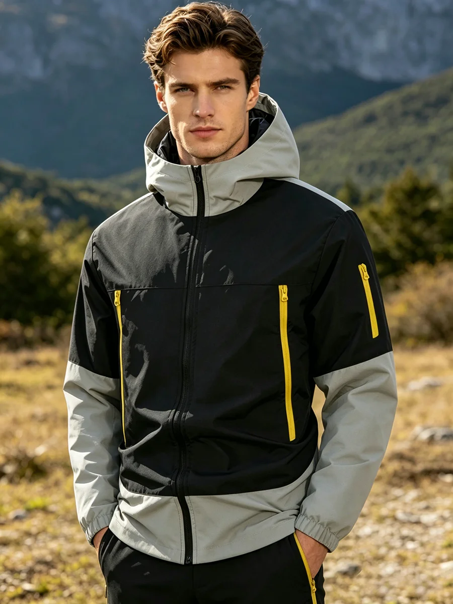 Herrenjacke mit diagonalem Streifenmuster, Reißverschluss, Kapuze, mehreren Taschen, Farbblock-Design, ideal als Windjacke für Herbstwanderungen, Camping und Sport. – Detail 3