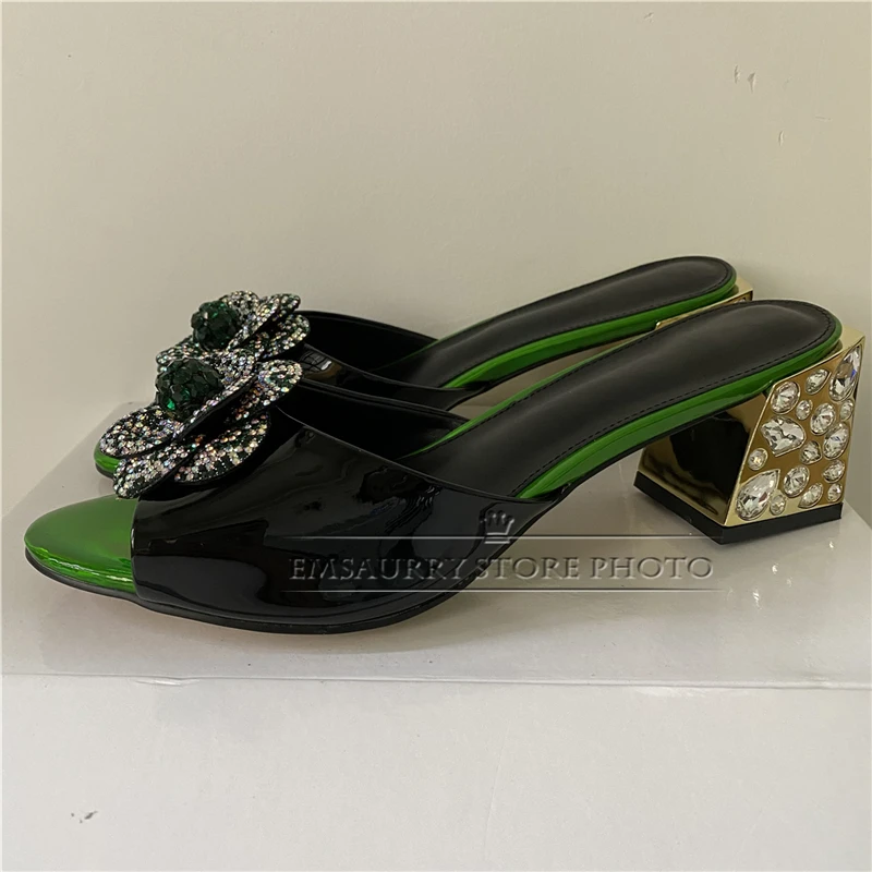 Crystal Rhinestone Flower Sandals Women Luxury Patent Leather Slingbacks Diamond Jeweled Square Heel Summer Shoes