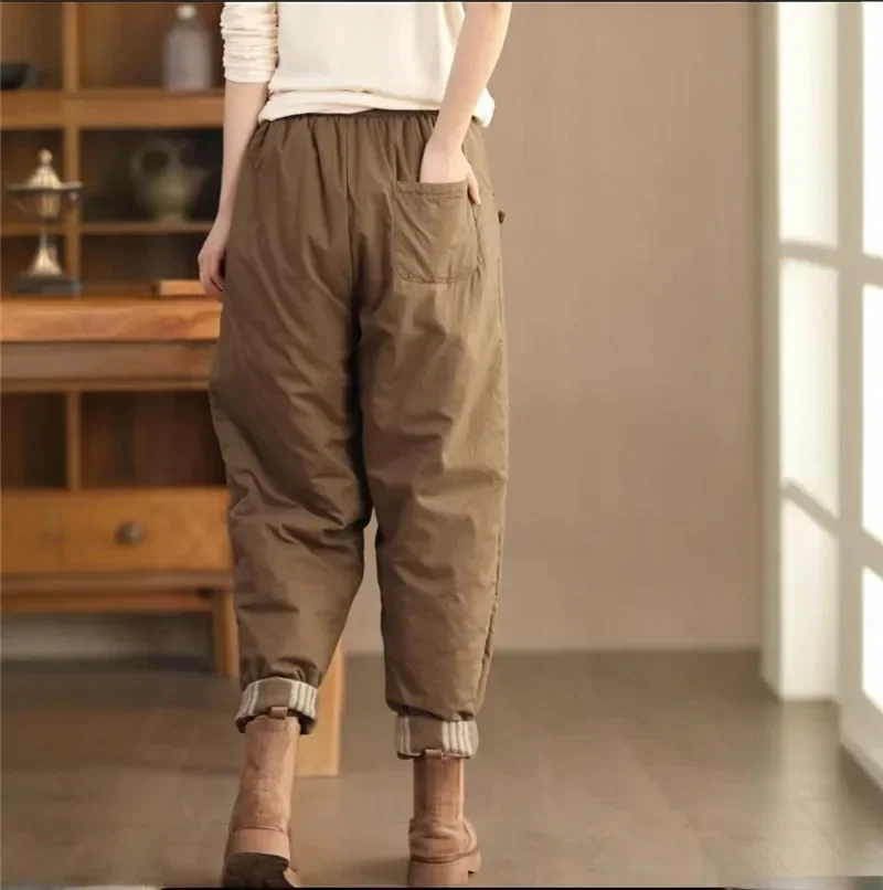 กางเกงขายาวผู้หญิงผ้าฝ้ายลายสก็อตแบบผูกเชือกรุ่นใหม่ปี 2025 สไตล์ลำลอง สีพื้น ทรงหลวม อุ่นสบาย เหมาะสำหรับฤดูใบไม้ร่วงและฤดูหนาว