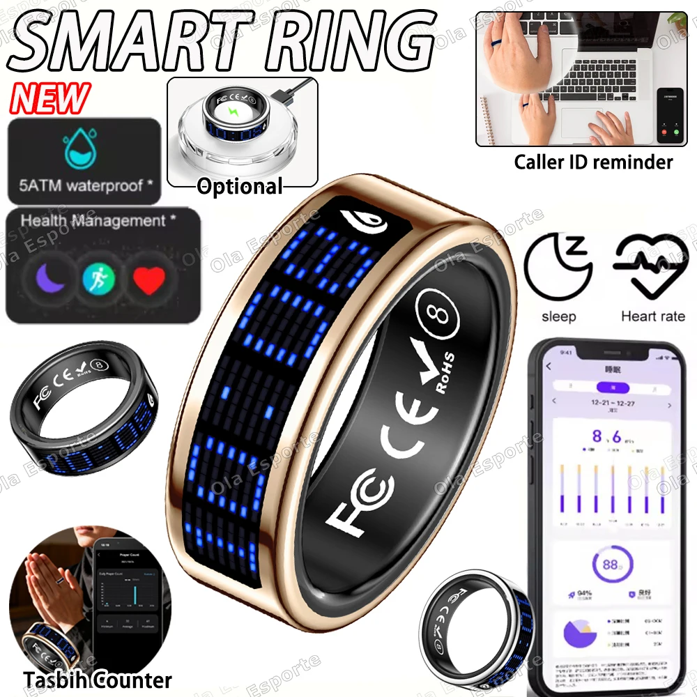 

Умное кольцо-монитор 2026 с функцией напоминания о звонках, измерением пульса и давления, водонепроницаемое (5ATM), для мужчин и женщин, для мониторинга здоровья и занятий спортом
