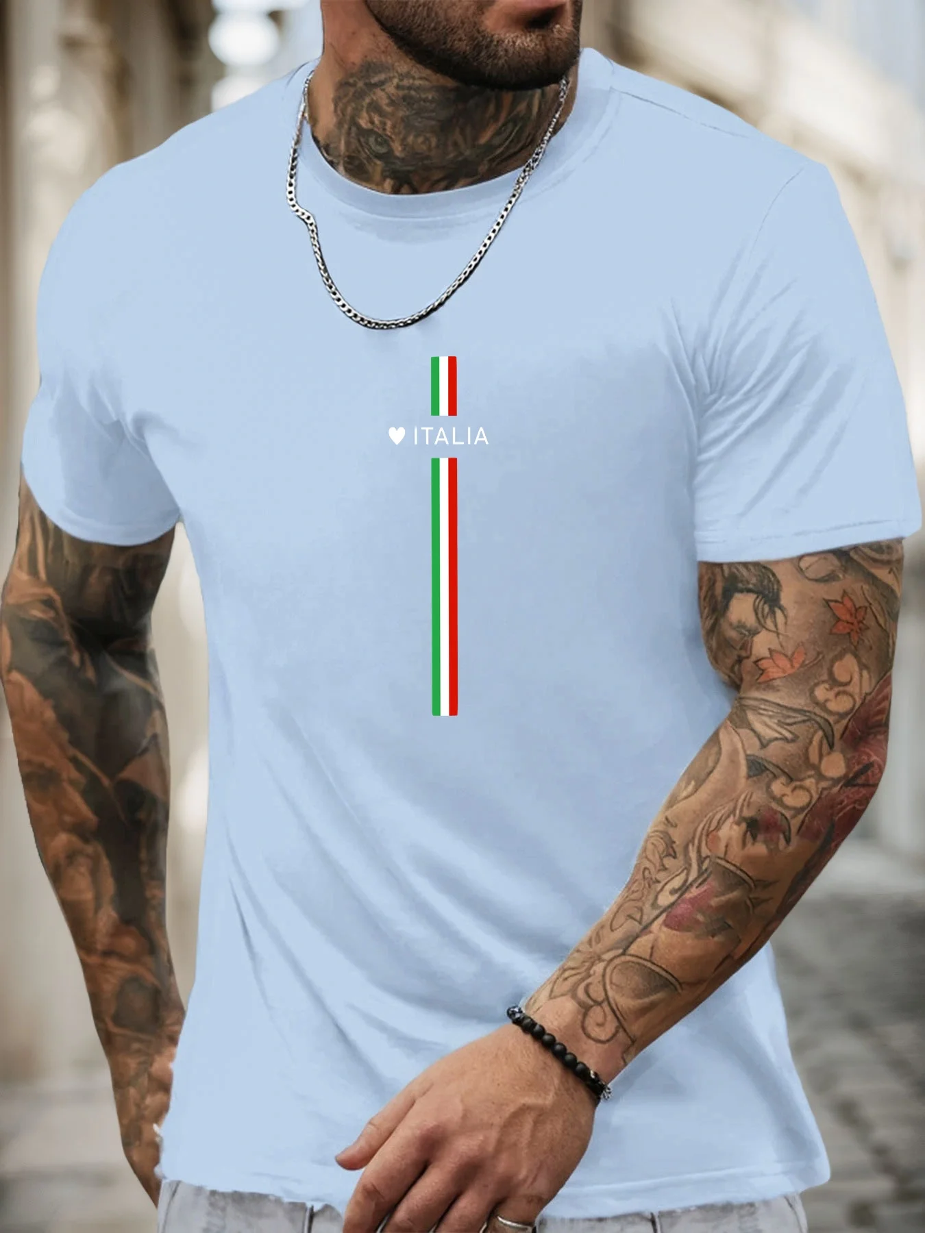 100% Pure Cotton Men's Summer Casual Sports Fashionable Loose MILANO ITALIA Pattern Printed Round Neck Short Sleeved T-Shirt Top