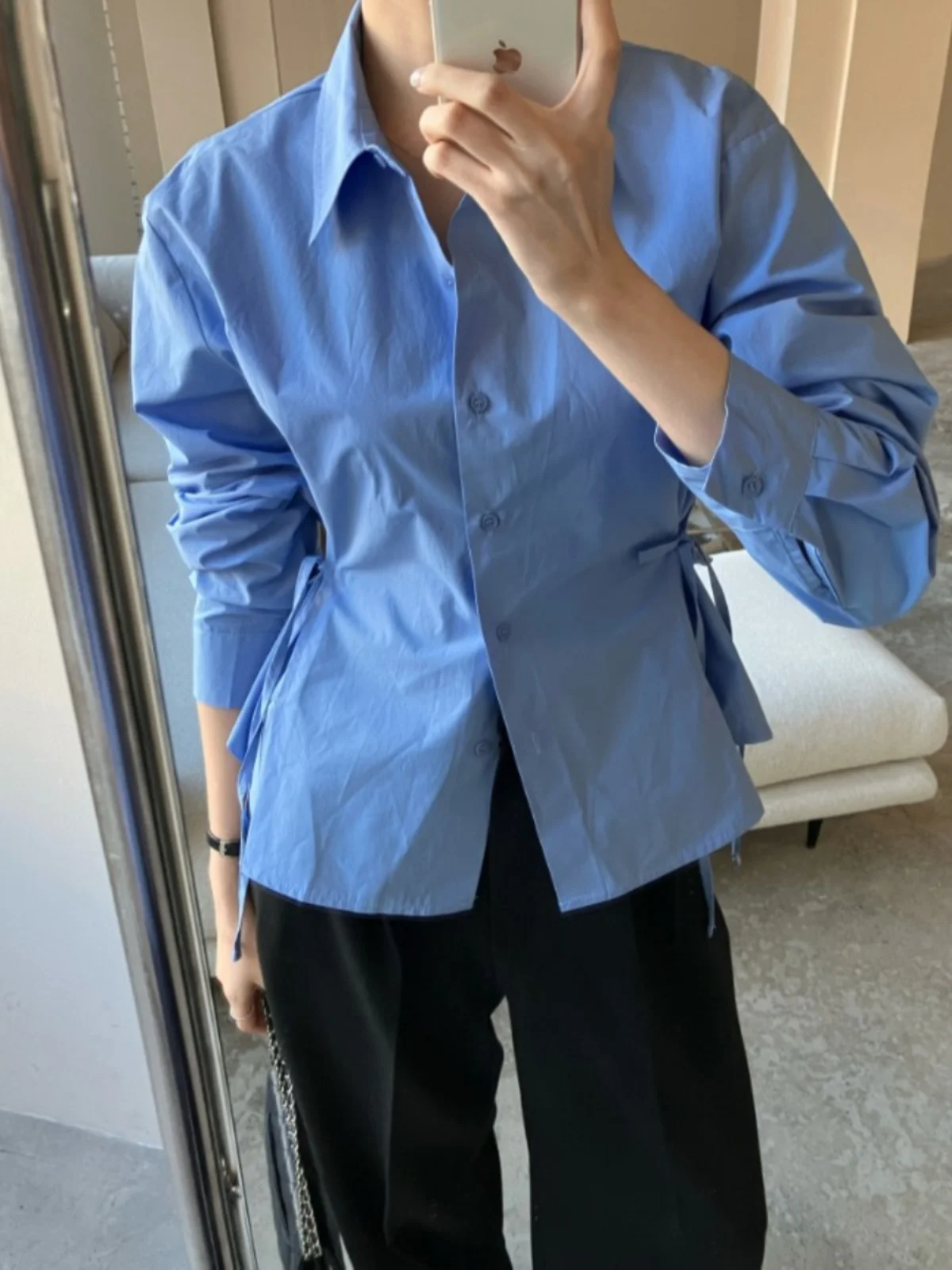 

Slimming Effect Long Sve Collared irt Women's Faion Spring Apparel Korean Sle Versatile Belted Waist Cinching Top