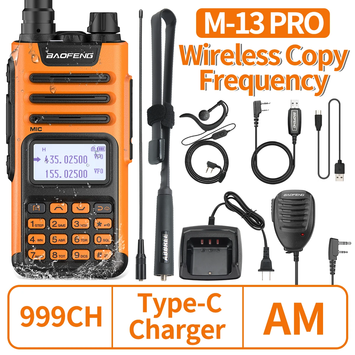 BaoFeng M-13 Pro UV-13 PRO V2 워키토키, 멀티 밴드 999 채널 AM C타입 장거리 FM UV-5R 송수신기, 햄 양방향 라디오