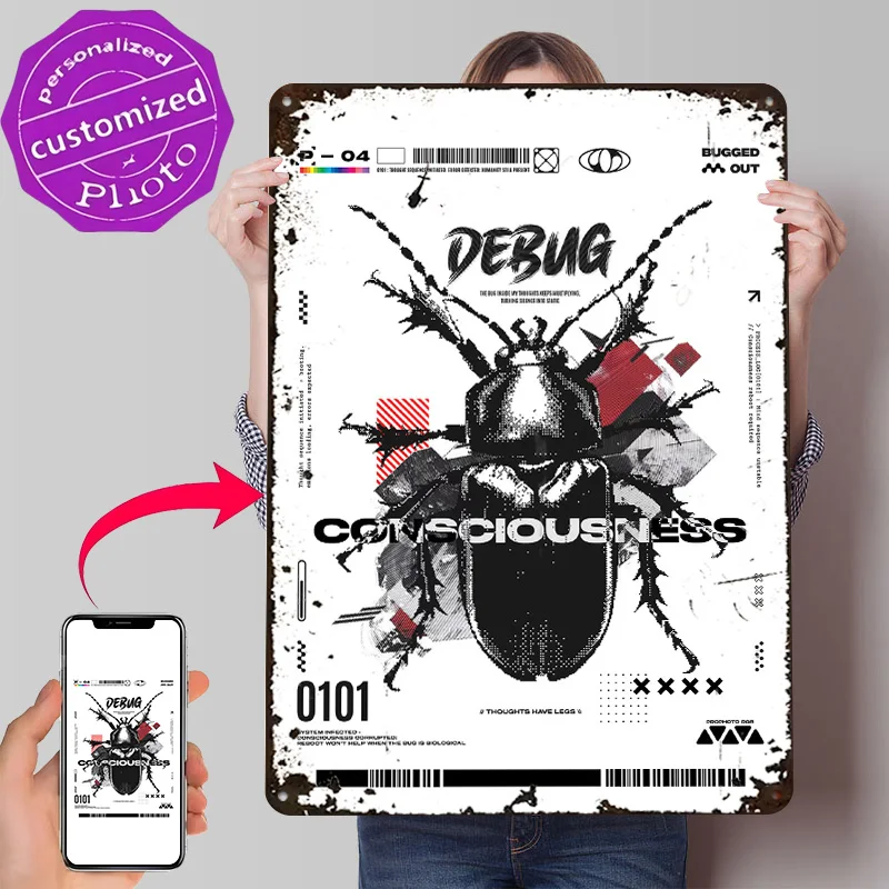 Affiche Métallique 3D Texturée Personnalisée « Debug Consciousness Bugged Out », Décoration Murale, Plaque en Étain, Cadeau pour Mancave, Décoration de Luxe pour la Maison