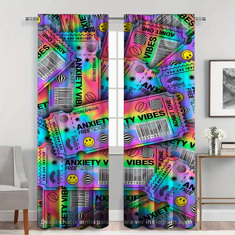 2pcs Anxiety VIBES Music Curtains with Rod Pocket, EDM Funk Ticket Stub Print Sheer , Ironic Decor for Bedroom or Studio