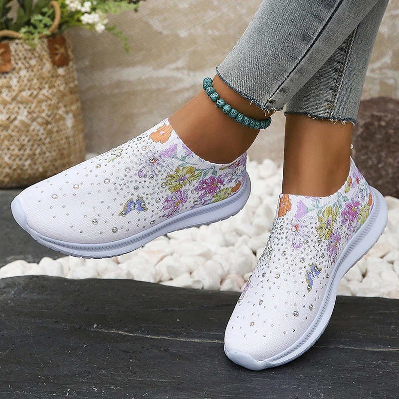 Flower Prints Knitted Flats for Women Plus Size Shiny Crystal Breathable Mesh Loafers Woman 2023 Autumn Slip-On Walking Shoes