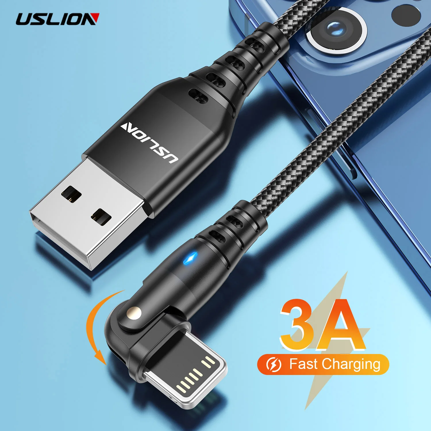 USLION 180 Rotate Elbow 3A USB Cable Fast Charging Data Cord For iPhone 14 Plus 13 Pro Max 12 11 Mini 8 7 6 XS X XR SE 0.5/1/2m