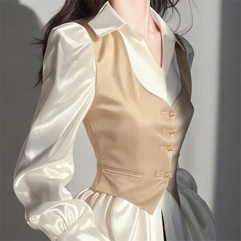 الكورية الضفدع أزرار قميص للنساء الكلاسيكية طويلة نفخة الأكمام كاذبة قطعتين الساتان قميص أنيق سليم المرقعة بلوزة