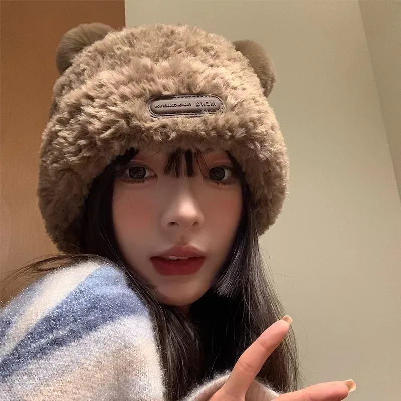 Women Autumn Winter Cute Bear Ear Knitted Beanie, New Plush Warm Wool Hat, Soft Slouchy Beanie for Large Head Circumference