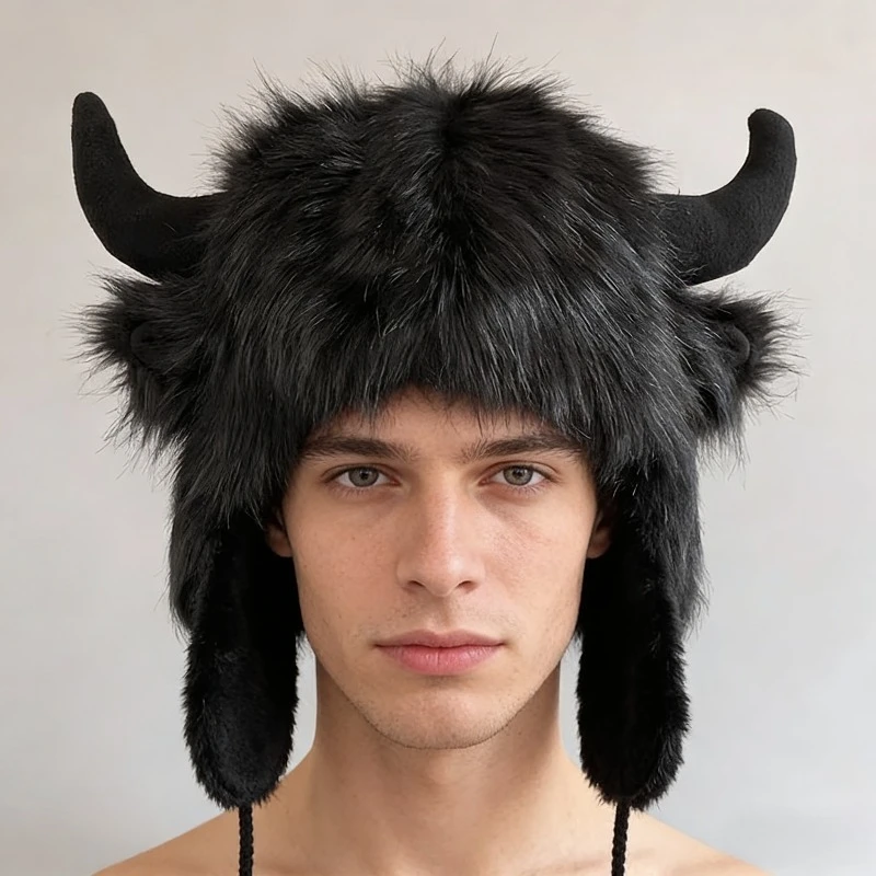 1 قطعة قبعة شتوية دافئة لحماية الأذن مضحكة برأس الثور من القطيفة - قبعة مقاومة للرياح والبرد للنساء لركوب الدراجات في الهالوين