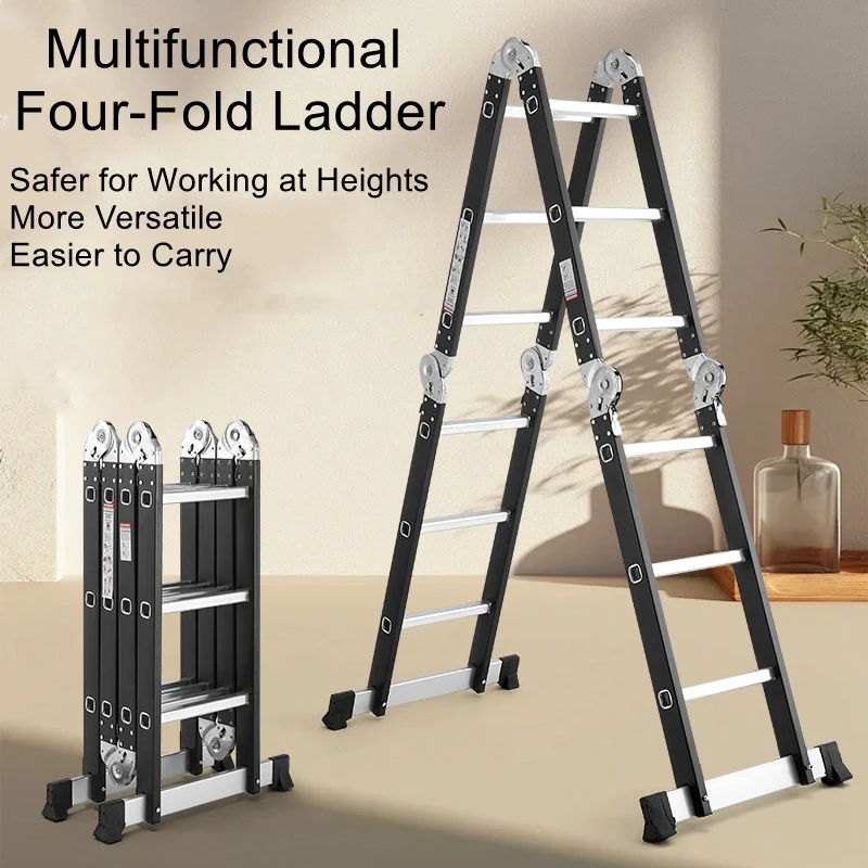 Steel-Aluminum Combination Folding A-Frame Ladder, 4-Fold Telescopic Ladder, Straight Ladder, Double-Sided Articulated Ladde