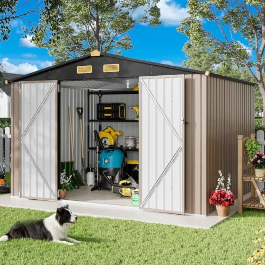 Outdoor storage shed for backyard use, polyethylene material, brown color, breathable vent for airflow and moisture control