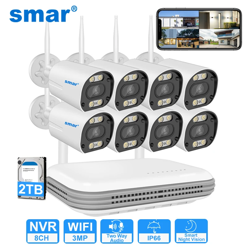 SMAR Wireless CCTV System Wifi Camera Kit H.265 3MP HD Security Audio Human Detect IP 8CH  NVR Video Surveillance Kit ICSee