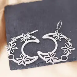 QIAMNI Minimalist Stainless Steel Moon Flower Hoop Earrings for Women Crescent Ear Female Charm Wedding Party Girls Jewelry Gift