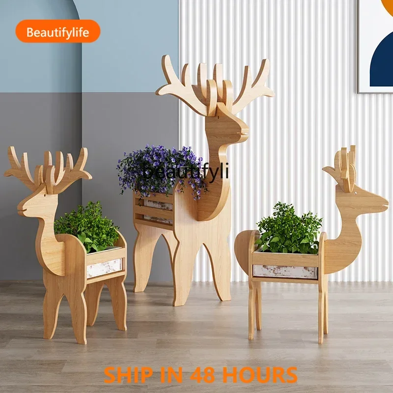 03 Solid wood flower stand deer decorative ornament creative wooden homestay window decoration crafts