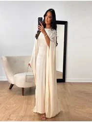 Flare Sleeve O Neck Women Dress Smooth Satin Loose Satin Covering Female Robe 2024 Elegant Luxury Party Evening Long Dresses