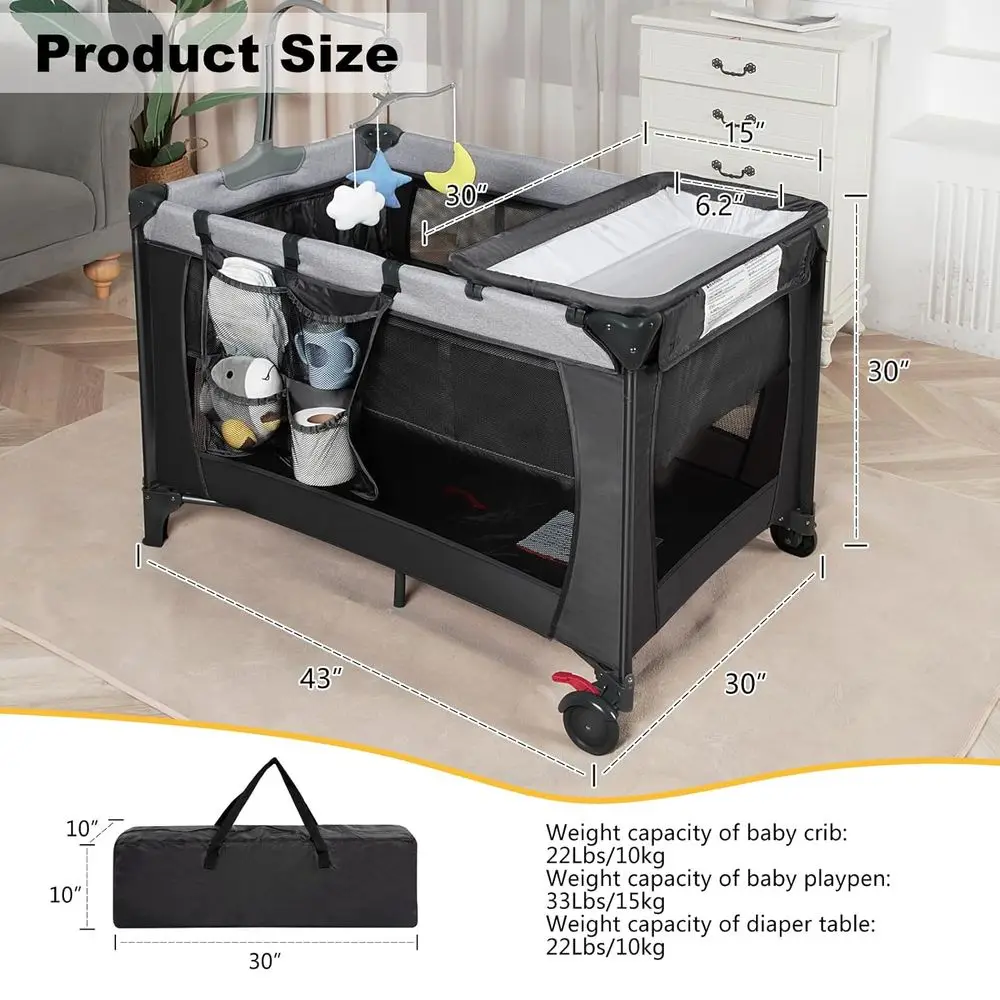 روضة أطفال محمولة 4 في 1 مع طاولة تغيير وحقيبة حمل وسرير - سرير سفر قابل للطي لحديثي الولادة إلى الأطفال الصغار، ASTM Cer #6
