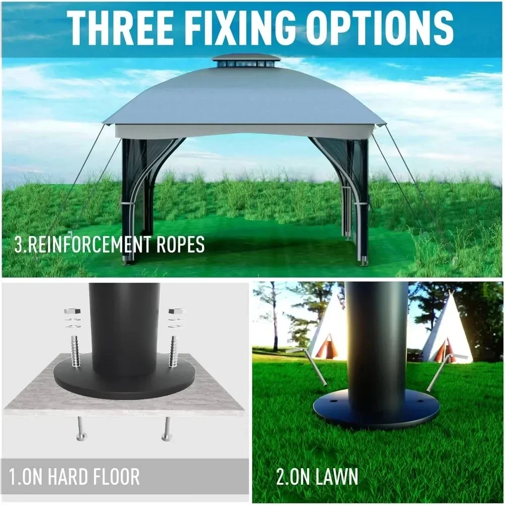 Gazebo 10 'x 12' dengan jaring nyamuk, ventilasi Gazebo gaya Eropa, atap ganda, Gazebo luar ruangan untuk teras, taman, halaman