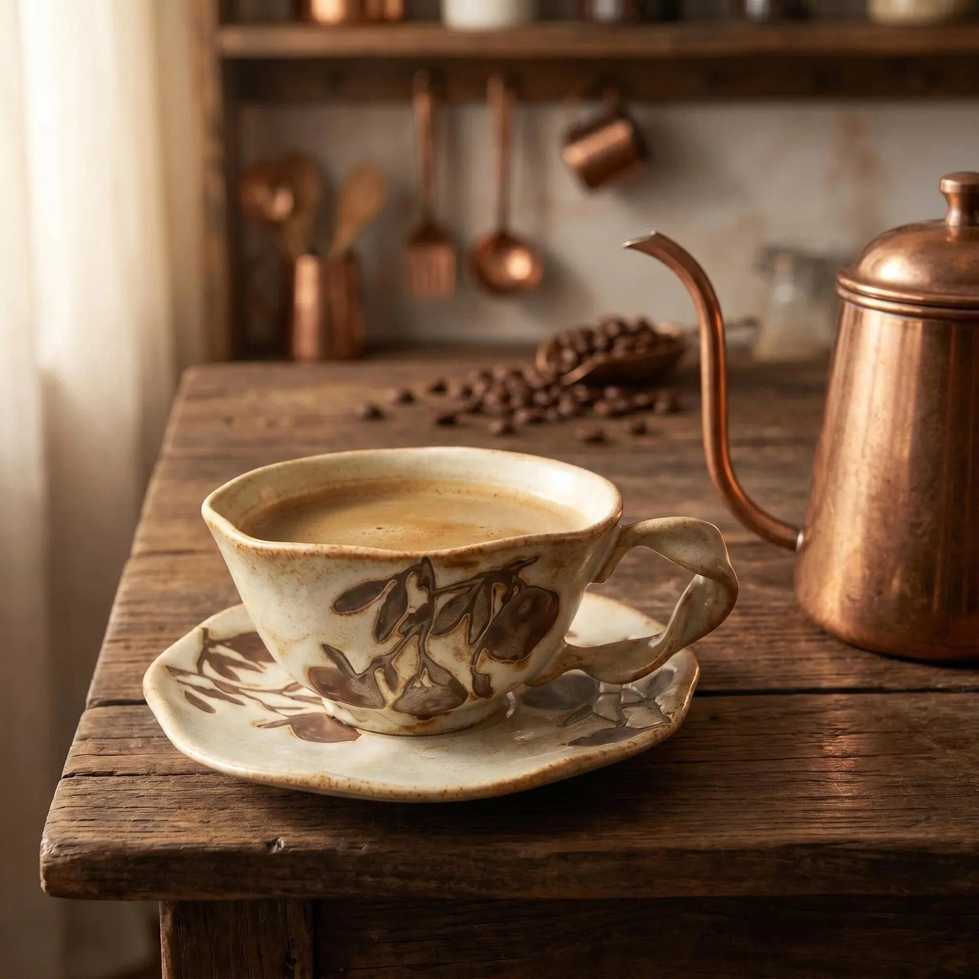 Handmade Kiln Change Ceramic Coffee Cup Saucer Set 240ML Twisted Handle Pomegranate Pattern Wabi‑Sabi Rough Pottery Tea Cup